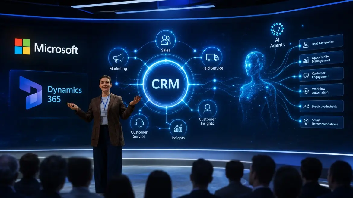 Microsoft Dynamics 365 Agentic CRM presentation showcasing AI-powered customer engagement and automation solutions by Dynamics Monk.